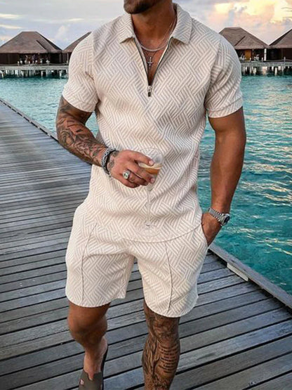 Men's Cotton Tracksuit Set - Solid Color Short Sleeve Zipper Polo + Shorts, Casual Streetwear 2-Piece Suit for Summer 2022
