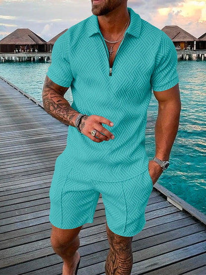 Men's Cotton Tracksuit Set - Solid Color Short Sleeve Zipper Polo + Shorts, Casual Streetwear 2-Piece Suit for Summer 2022