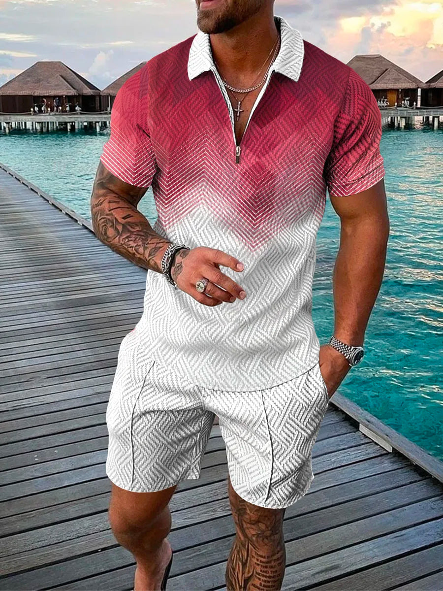 Men's Cotton Tracksuit Set - Solid Color Short Sleeve Zipper Polo + Shorts, Casual Streetwear 2-Piece Suit for Summer 2022