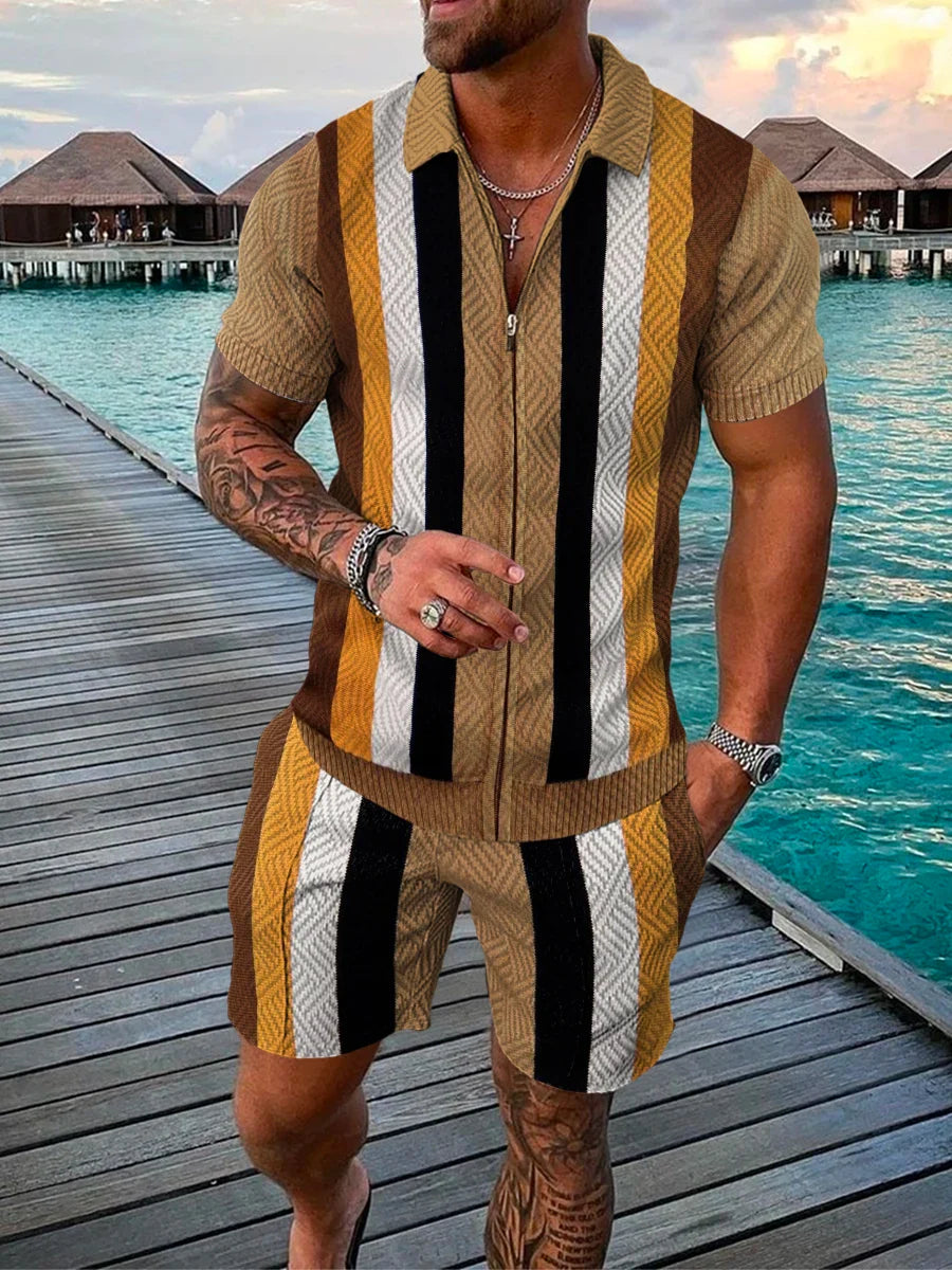 Men's Cotton Tracksuit Set - Solid Color Short Sleeve Zipper Polo + Shorts, Casual Streetwear 2-Piece Suit for Summer 2022