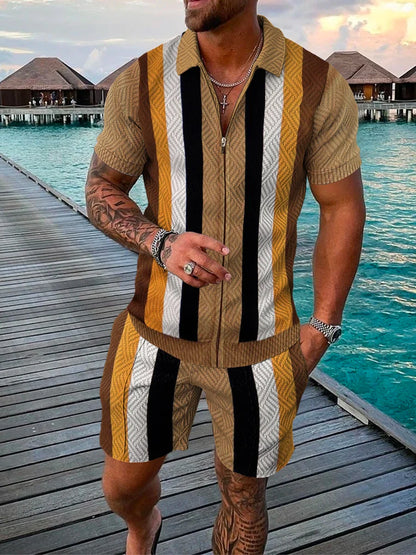 Men's Cotton Tracksuit Set - Solid Color Short Sleeve Zipper Polo + Shorts, Casual Streetwear 2-Piece Suit for Summer 2022