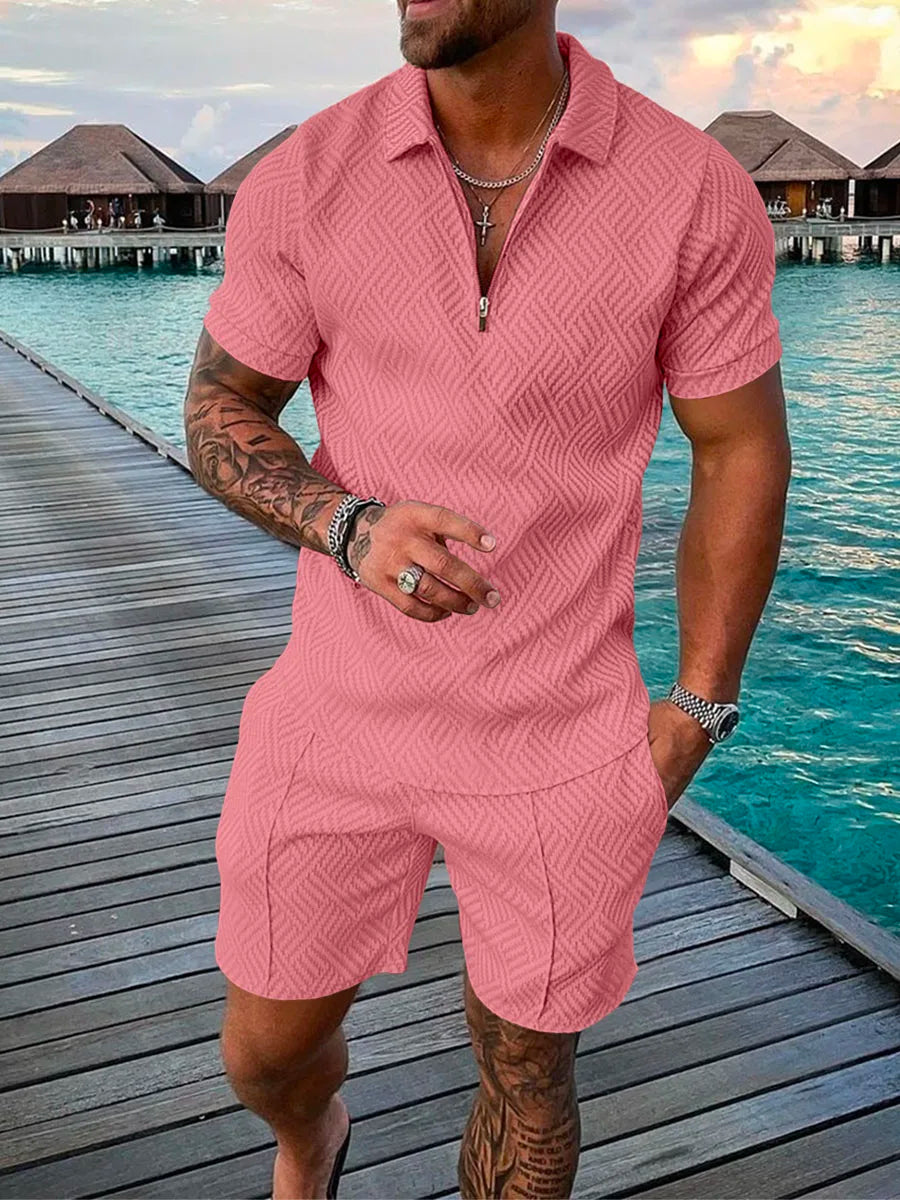 Men's Cotton Tracksuit Set - Solid Color Short Sleeve Zipper Polo + Shorts, Casual Streetwear 2-Piece Suit for Summer 2022