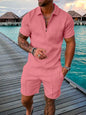 Men's Cotton Tracksuit Set - Solid Color Short Sleeve Zipper Polo + Shorts, Casual Streetwear 2-Piece Suit for Summer 2022