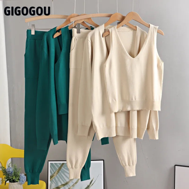 GIGOGOU Women's 3-Piece Knit Cardigan Tracksuit Set – Spring & Autumn Fashion with Pocket Pants