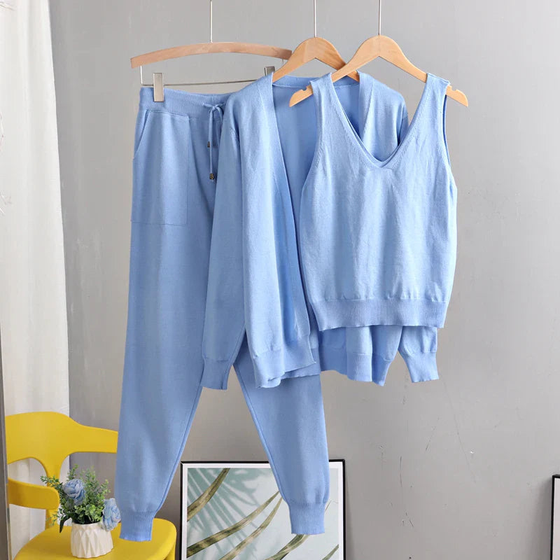 GIGOGOU Women's 3-Piece Knit Cardigan Tracksuit Set – Spring & Autumn Fashion with Pocket Pants