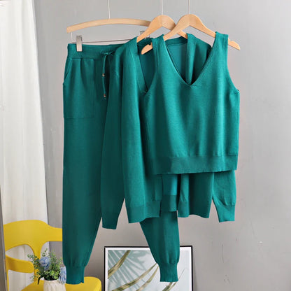 GIGOGOU Women's 3-Piece Knit Cardigan Tracksuit Set – Spring & Autumn Fashion with Pocket Pants