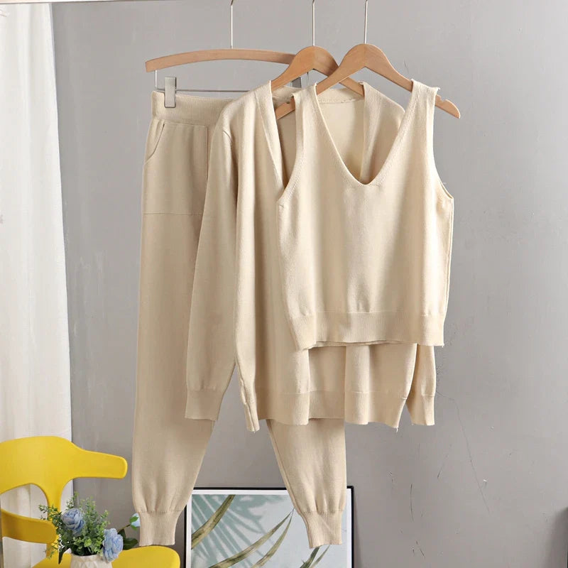 GIGOGOU Women's 3-Piece Knit Cardigan Tracksuit Set – Spring & Autumn Fashion with Pocket Pants