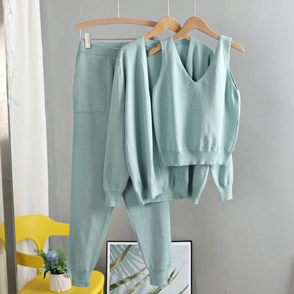 GIGOGOU Women's 3-Piece Knit Cardigan Tracksuit Set – Spring & Autumn Fashion with Pocket Pants