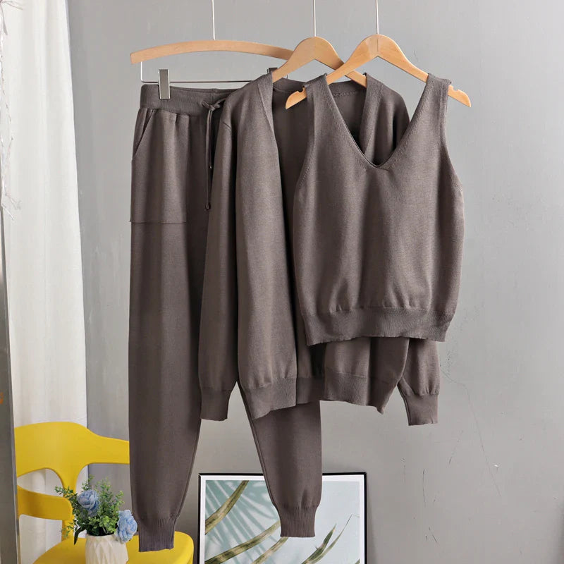 GIGOGOU Women's 3-Piece Knit Cardigan Tracksuit Set – Spring & Autumn Fashion with Pocket Pants