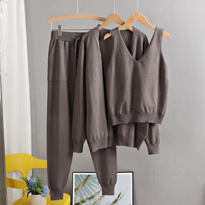 GIGOGOU Women's 3-Piece Knit Cardigan Tracksuit Set – Spring & Autumn Fashion with Pocket Pants