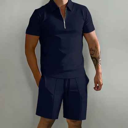 Summer New Solid-Color Men's Set – High-Street Polo Collar Short-Sleeve Zip-Front Pullover with Elastic Waist & Pockets, Y2K Shorts