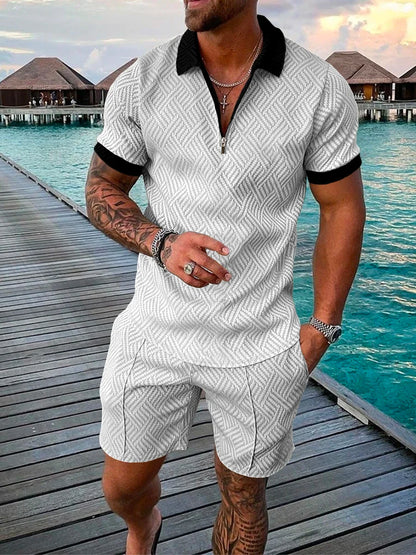 Men's Cotton Tracksuit Set - Solid Color Short Sleeve Zipper Polo + Shorts, Casual Streetwear 2-Piece Suit for Summer 2022