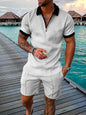 Men's Cotton Tracksuit Set - Solid Color Short Sleeve Zipper Polo + Shorts, Casual Streetwear 2-Piece Suit for Summer 2022