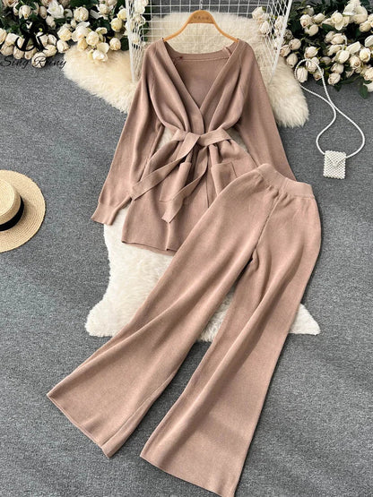 SINGREINY Winter Casual Knit Two-Piece Set: Long-Sleeve Cardigan Coat + Elastic-Waist Wide-Leg Pants, Women's Loose Sweater Set