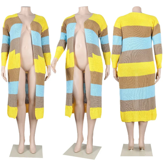 Plus Size Patchwork Knit Open-Stitch Maxi Jumper Sweater - Ribbed Long-Sleeve Cardigan for Women (Autumn & Winter Fashion)