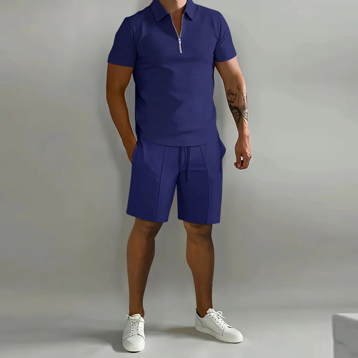 Summer New Solid-Color Men's Set – High-Street Polo Collar Short-Sleeve Zip-Front Pullover with Elastic Waist & Pockets, Y2K Shorts