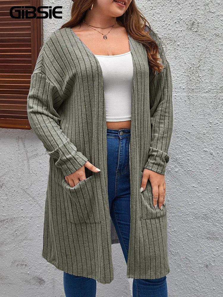 GIBSIE Plus Size Solid Rib Knit Open-Front Cardigan for Women – Casual Mid-Length Long Sleeve Coat, Spring & Autumn