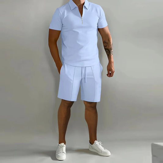 Summer New Solid-Color Men's Set – High-Street Polo Collar Short-Sleeve Zip-Front Pullover with Elastic Waist & Pockets, Y2K Shorts