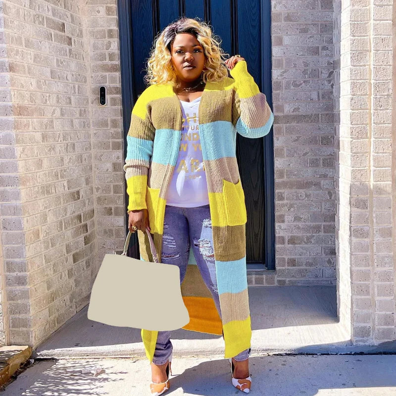 Plus Size Patchwork Knit Open-Stitch Maxi Jumper Sweater - Ribbed Long-Sleeve Cardigan for Women (Autumn & Winter Fashion)