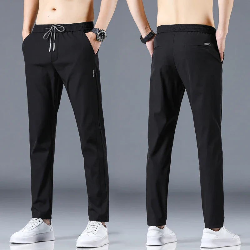 Ice Silk Men's Pants - 2024 Summer Collection: Lightweight, Breathable, Elastic Waist, Black/Gray, Thin, Business-Casual Outdoor Straight-Leg Sweatpants