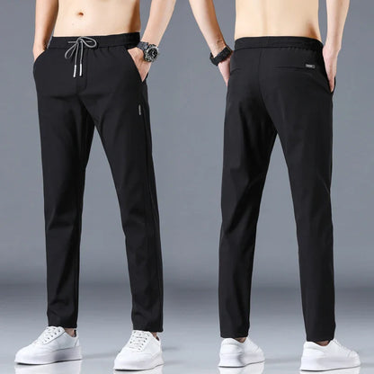 Ice Silk Men's Pants - 2024 Summer Collection: Lightweight, Breathable, Elastic Waist, Black/Gray, Thin, Business-Casual Outdoor Straight-Leg Sweatpants