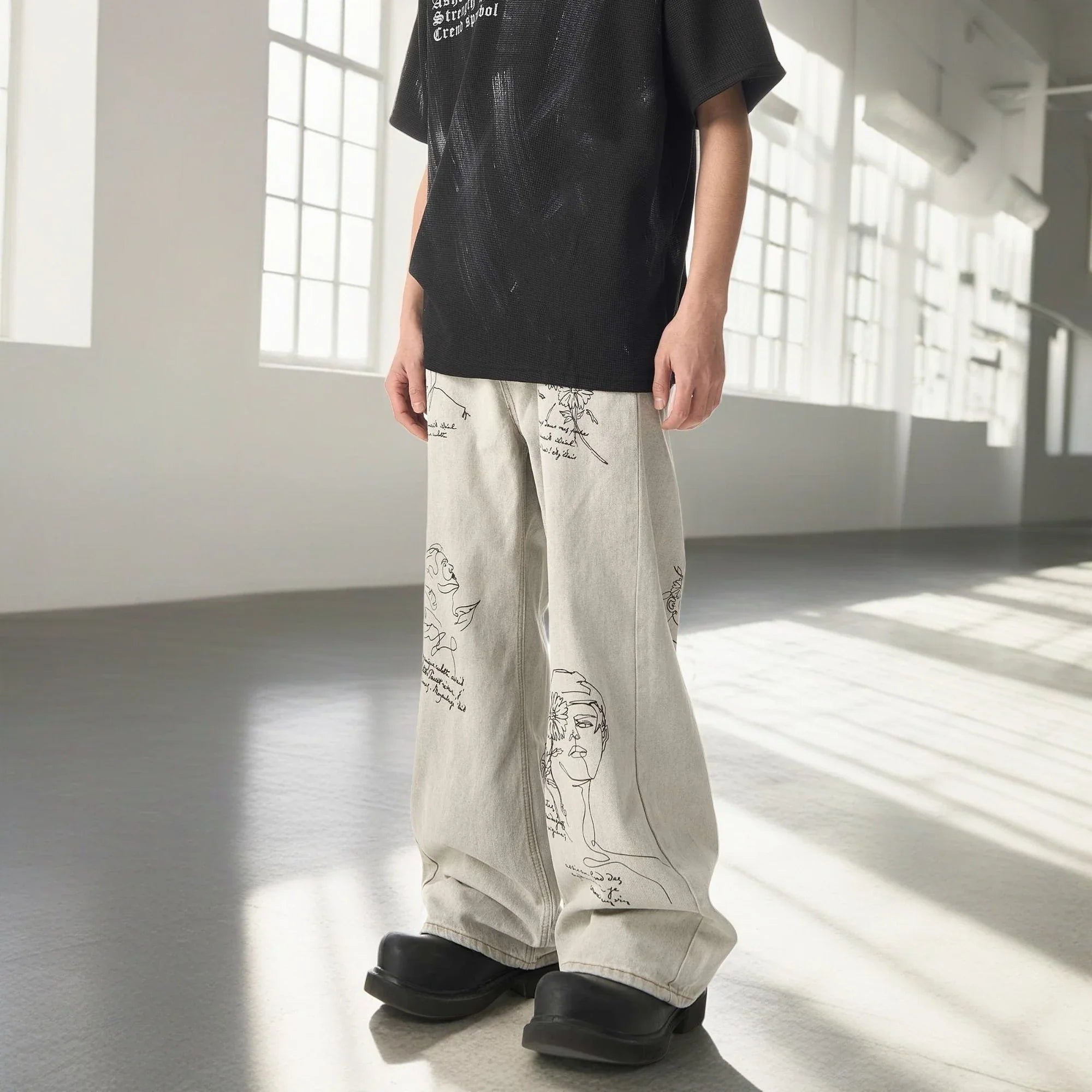 2024 Y2K Men's Jeans - Embroidered Washed Baggy Denim, Printed Straight Wide-Leg Streetwear Pants