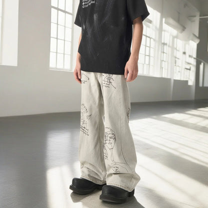 2024 Y2K Men's Jeans - Embroidered Washed Baggy Denim, Printed Straight Wide-Leg Streetwear Pants