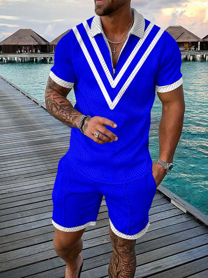 Hawaii Men's 2-Piece Set: 3D-Printed Zip-Up Polo Shirt (Short Sleeve) + Casual Shorts – Unisex, Trendy Summer Fashion