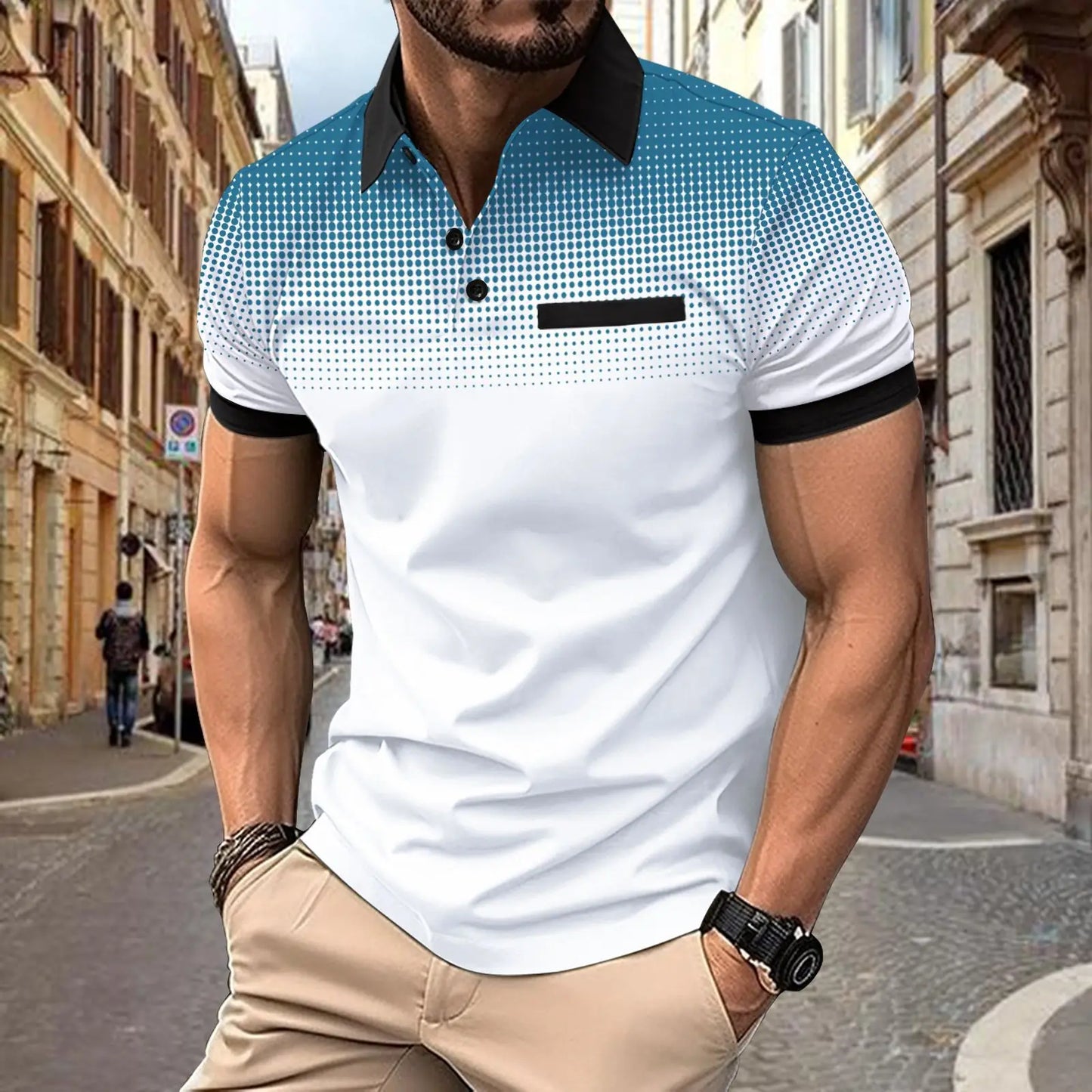 Summer Men's Short-Sleeve Polo Shirt with Contrasting Polka Dots - Slim Fit, Ideal for Golf, Sports, and Business, Sizes S-3XL