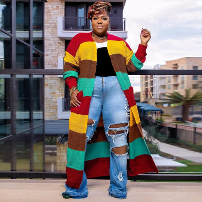 Plus Size Patchwork Knit Open-Stitch Maxi Jumper Sweater - Ribbed Long-Sleeve Cardigan for Women (Autumn & Winter Fashion)