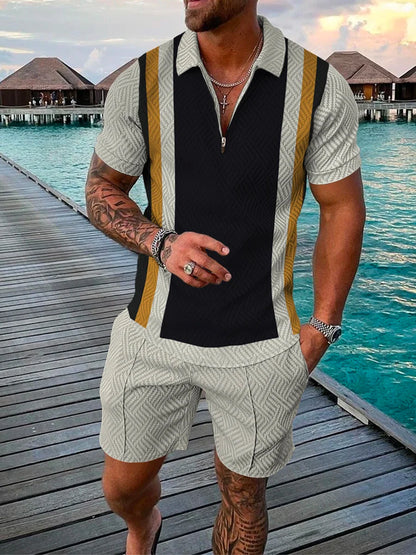 Men's Cotton Tracksuit Set - Solid Color Short Sleeve Zipper Polo + Shorts, Casual Streetwear 2-Piece Suit for Summer 2022
