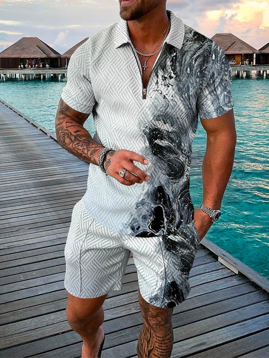 Men's Cotton Tracksuit Set - Solid Color Short Sleeve Zipper Polo + Shorts, Casual Streetwear 2-Piece Suit for Summer 2022