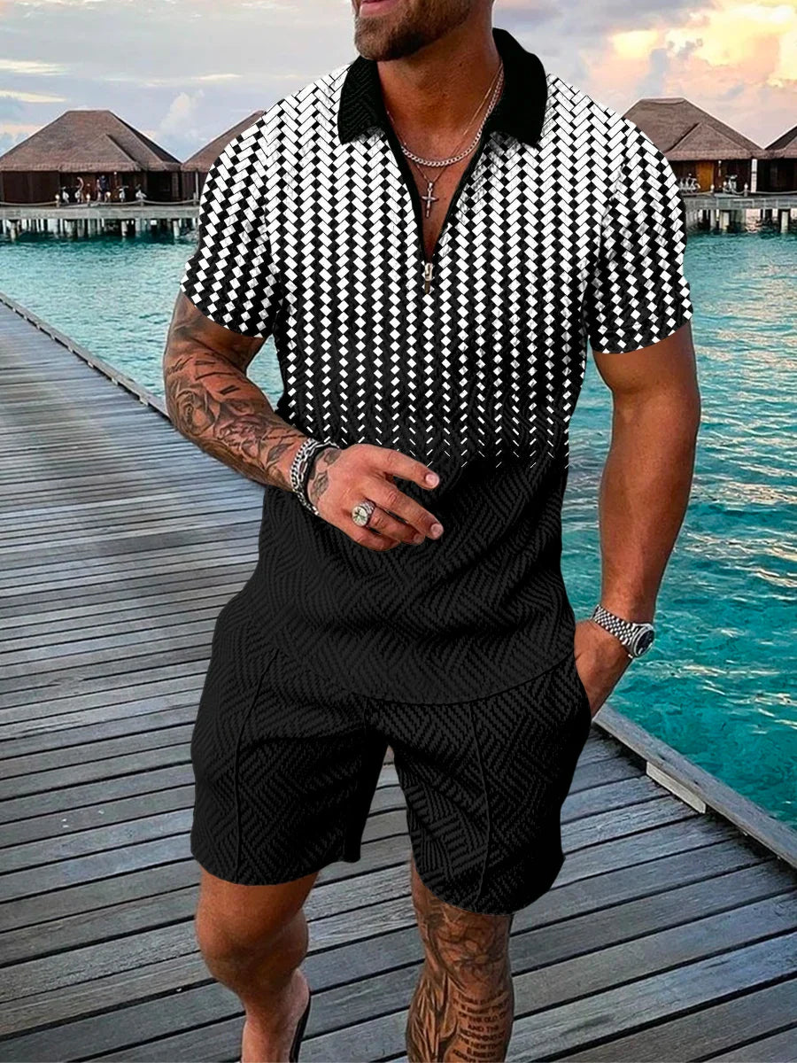 Men's Cotton Tracksuit Set - Solid Color Short Sleeve Zipper Polo + Shorts, Casual Streetwear 2-Piece Suit for Summer 2022