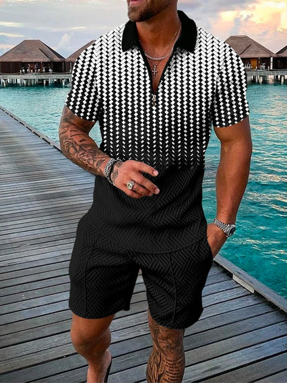 Men's Cotton Tracksuit Set - Solid Color Short Sleeve Zipper Polo + Shorts, Casual Streetwear 2-Piece Suit for Summer 2022