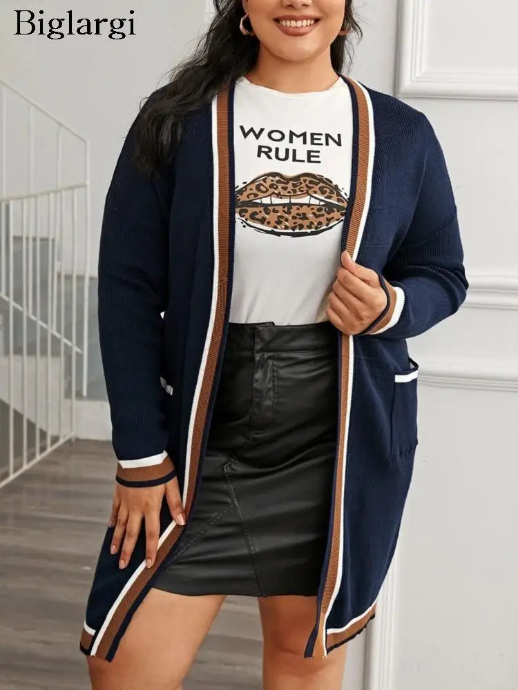 Plus Size Knitted Cardigan for Autumn & Winter - Striped Print, Loose Fit Women’s Casual Sweater Coat (Modis Ladies) 2023