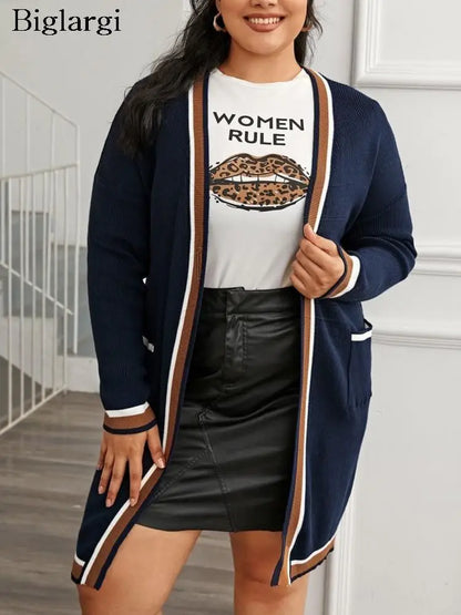 Plus Size Knitted Cardigan for Autumn & Winter - Striped Print, Loose Fit Women’s Casual Sweater Coat (Modis Ladies) 2023