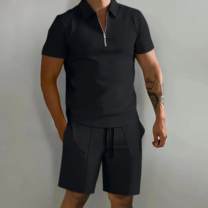 Summer New Solid-Color Men's Set – High-Street Polo Collar Short-Sleeve Zip-Front Pullover with Elastic Waist & Pockets, Y2K Shorts