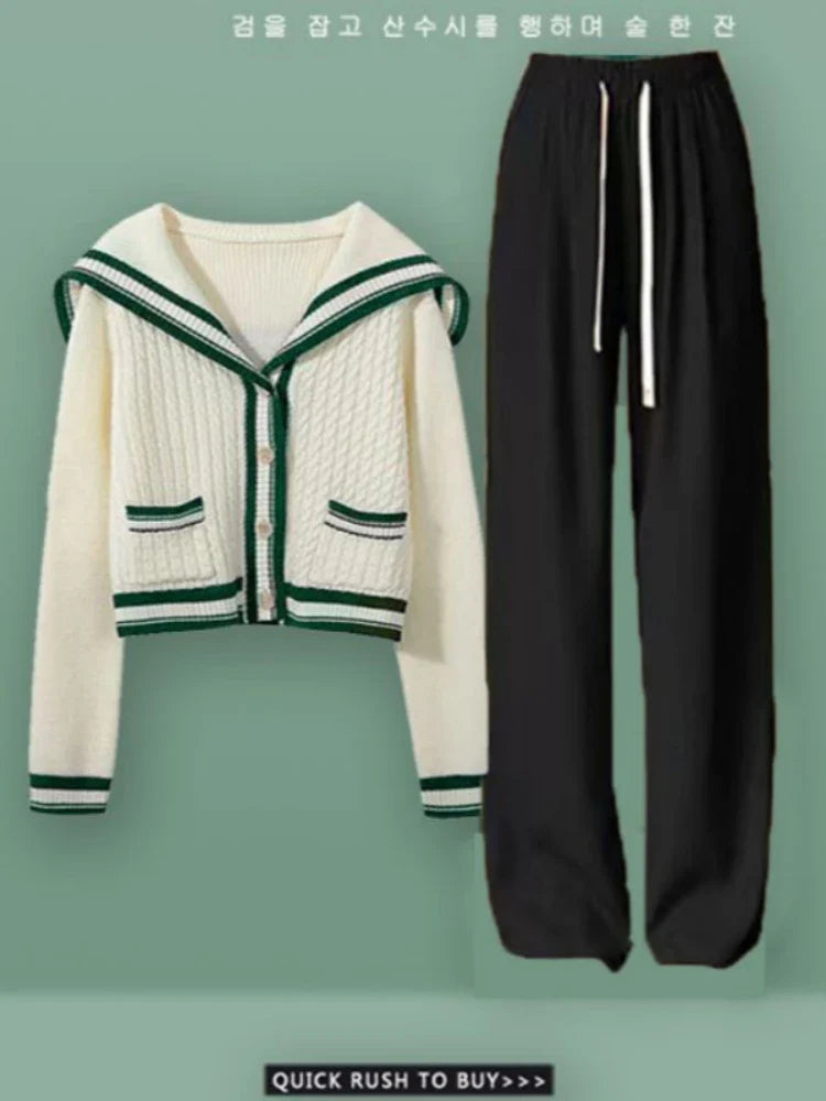 2024 New Spring Knit Set for Women - Preppy Sailor Collar Cardigan with Elastic Wide-Leg Pants, Long-Sleeve Korean Tracksuit
