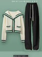 2024 New Spring Knit Set for Women - Preppy Sailor Collar Cardigan with Elastic Wide-Leg Pants, Long-Sleeve Korean Tracksuit