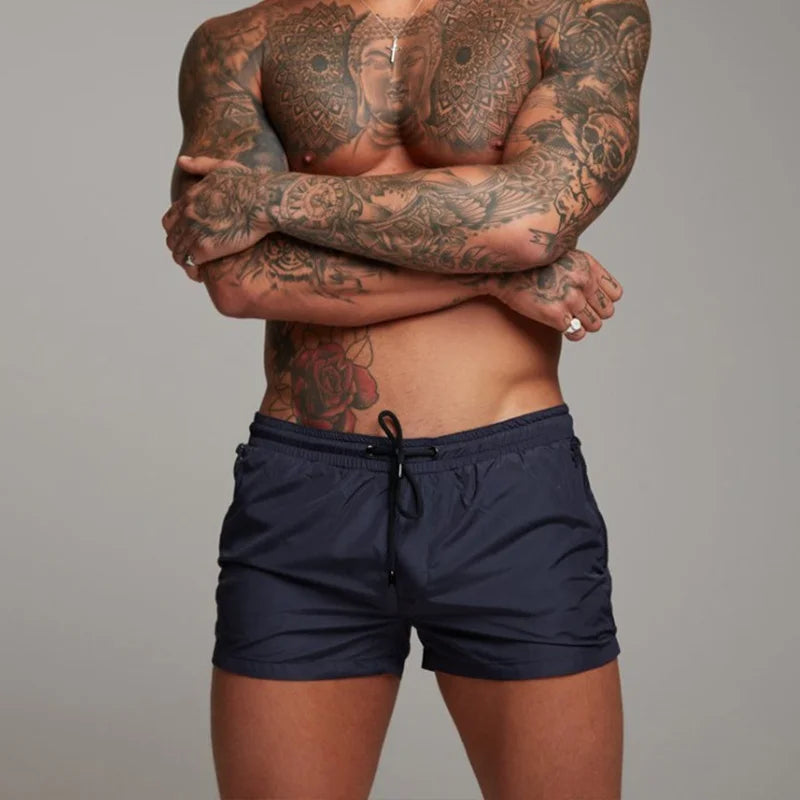 New Men's Quick-Dry Athletic Swim Trunks - Ultra-Short Length with Zipper Pockets, 4 Color Options