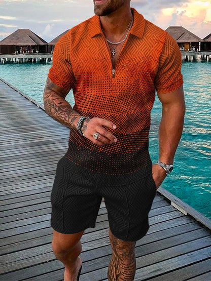 Men's Cotton Tracksuit Set - Solid Color Short Sleeve Zipper Polo + Shorts, Casual Streetwear 2-Piece Suit for Summer 2022