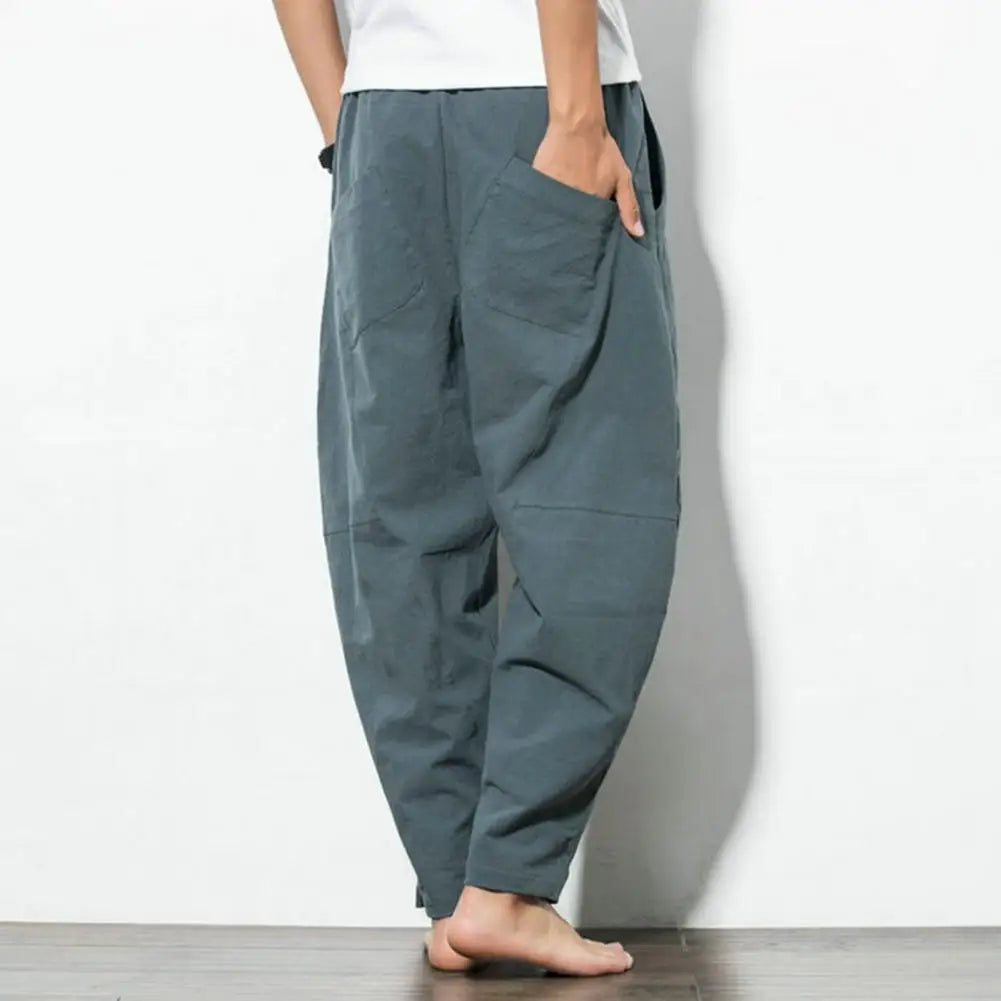 Men's Cotton-Linen Harem Pants - Loose, Casual Fit, Solid Color Trousers, Chinese Style