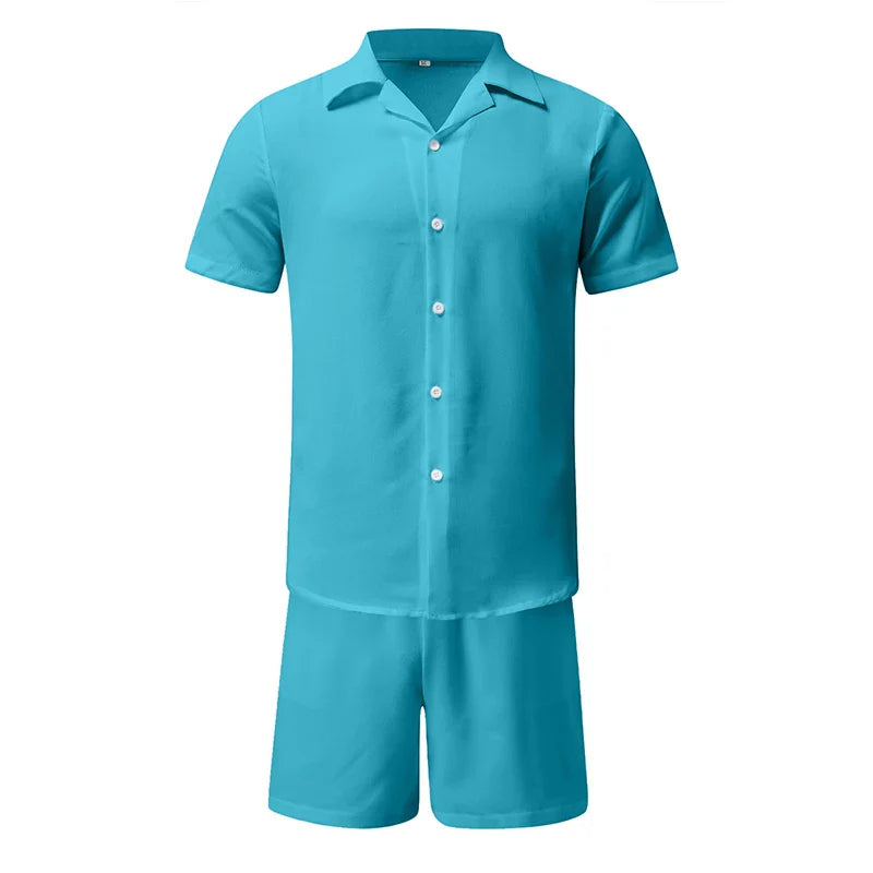 Men's Hawaiian Summer Polo Shirt & Shorts 2-Piece Set - Cotton-Linen Blend, Solid, Short-Sleeve