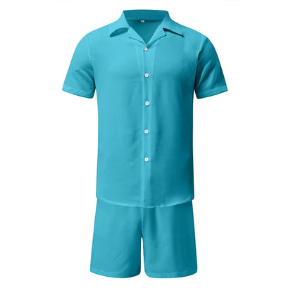 Men's Hawaiian Summer Polo Shirt & Shorts 2-Piece Set - Cotton-Linen Blend, Solid, Short-Sleeve