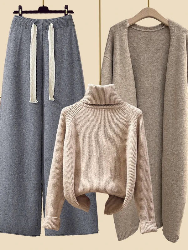 Cozy Autumn/Winter Knitwear Set for Women – Elegant Turtleneck Sweater, Long Cardigan Jacket & Wide-Leg Pants, 2023
