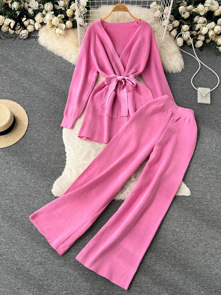 SINGREINY Winter Casual Knit Two-Piece Set: Long-Sleeve Cardigan Coat + Elastic-Waist Wide-Leg Pants, Women's Loose Sweater Set