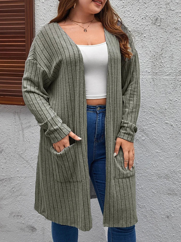 GIBSIE Plus Size Solid Rib Knit Open-Front Cardigan for Women – Casual Mid-Length Long Sleeve Coat, Spring & Autumn