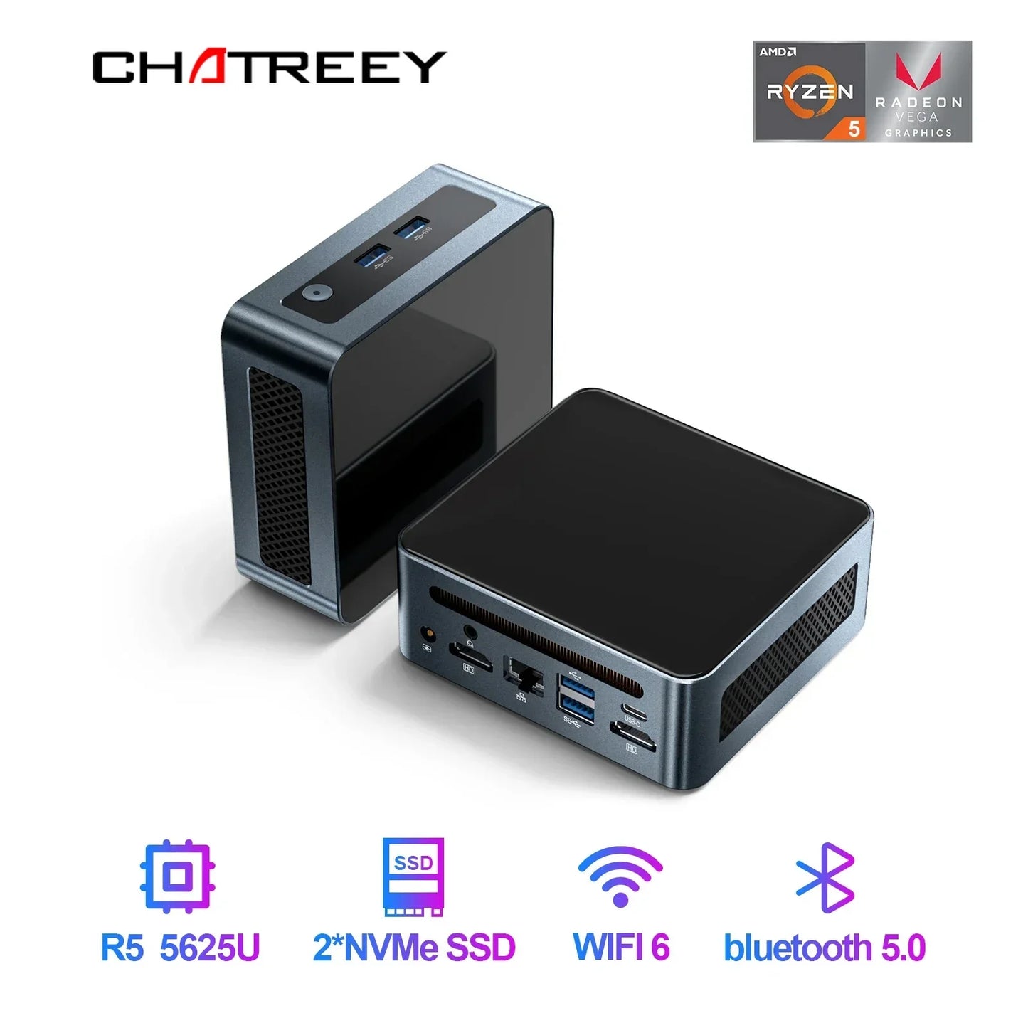 Chatreey AN2 Pro Mini PC - Ryzen 5 5625U, 6-Core Gaming PC with NVMe SSD, WiFi 6, HDMI, Windows 11 Pro