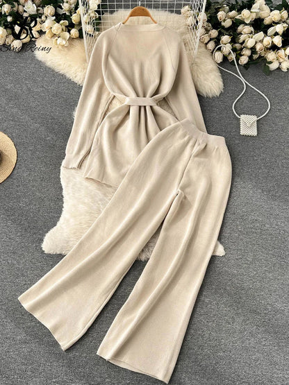 SINGREINY Winter Casual Knit Two-Piece Set: Long-Sleeve Cardigan Coat + Elastic-Waist Wide-Leg Pants, Women's Loose Sweater Set