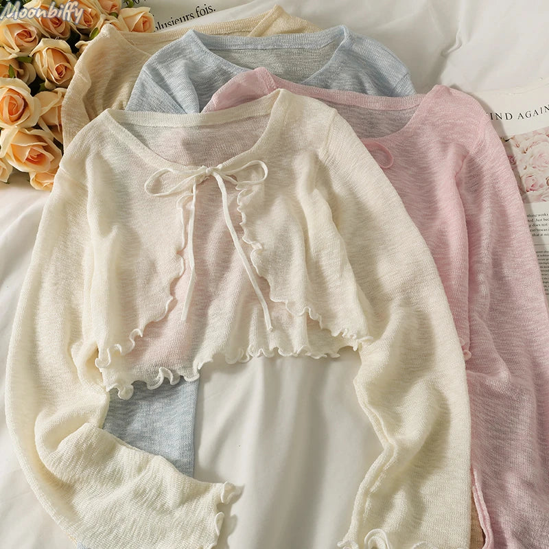 Women's Frenum Cardigan Blouses & Tops — Bow Lace-Up Long Sleeve Crop Top, Elegant Thin Aesthetic Shirt, Korean Style